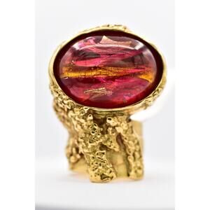 YSL Yves Saint Laurent Arty Ring Hot Pink Red Glass Cabochon Gold Tone Size 6